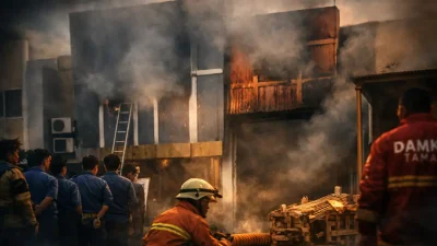 Foto kebakaran di Tangerang Selatan, hangsukan gudang bahan kimia.